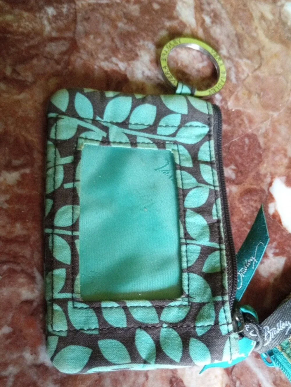 2#Vera Bradley Teal and Brown Patterned Zip Card Case with Key Ring Duo